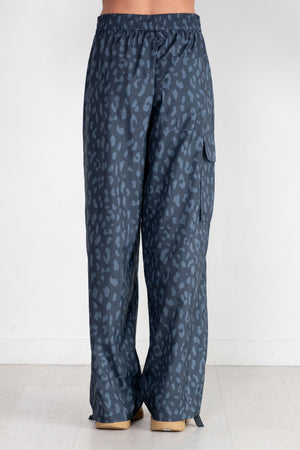 TIBI - Recycled Sporty Nylon Cheetah Wide Leg Pull On Pant, Navy Fog Multi