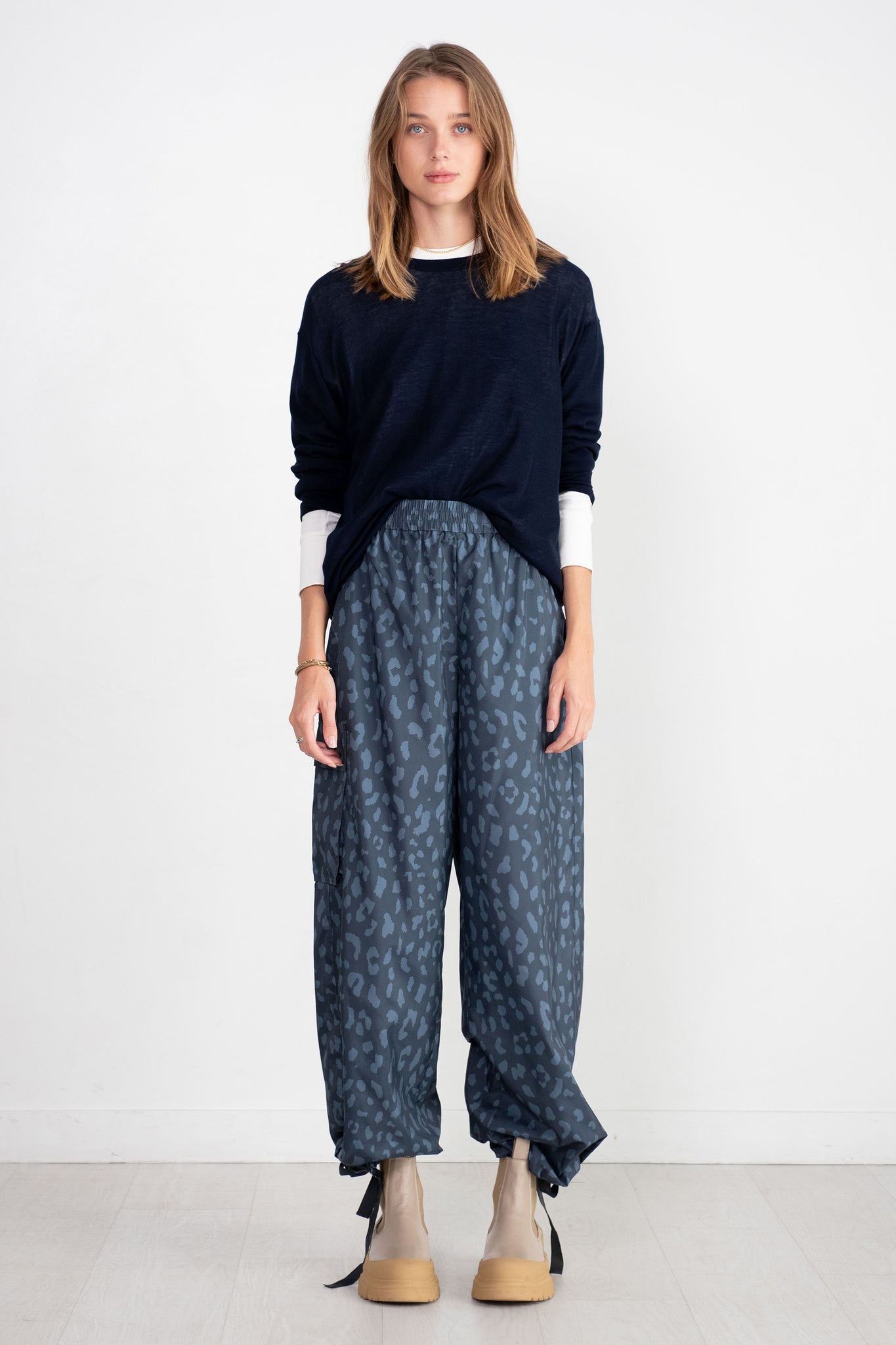 TIBI - Recycled Sporty Nylon Cheetah Wide Leg Pull On Pant, Navy Fog Multi