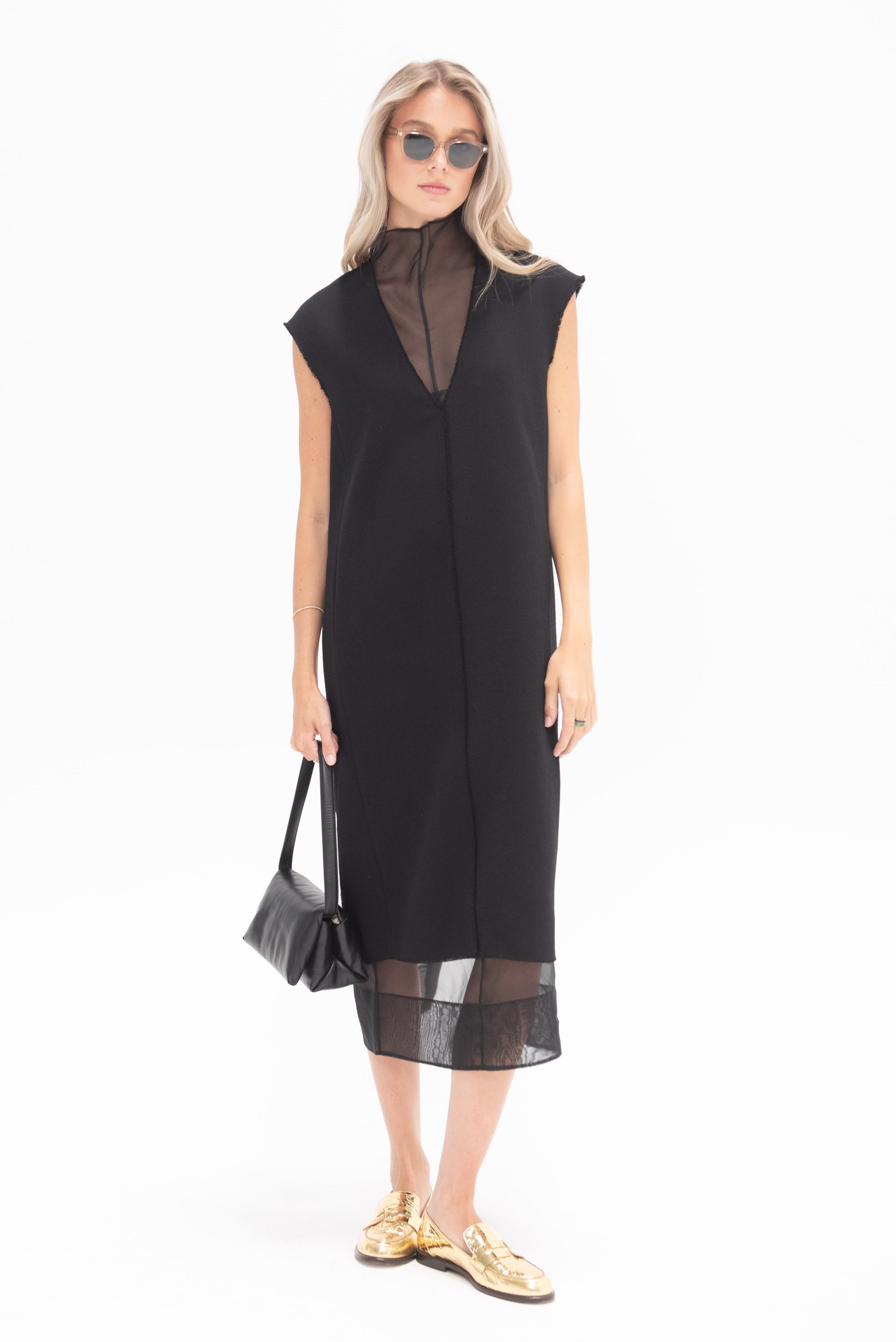 TIBI - Melee Crepe V-Neck Dress With Organza Lining, Black