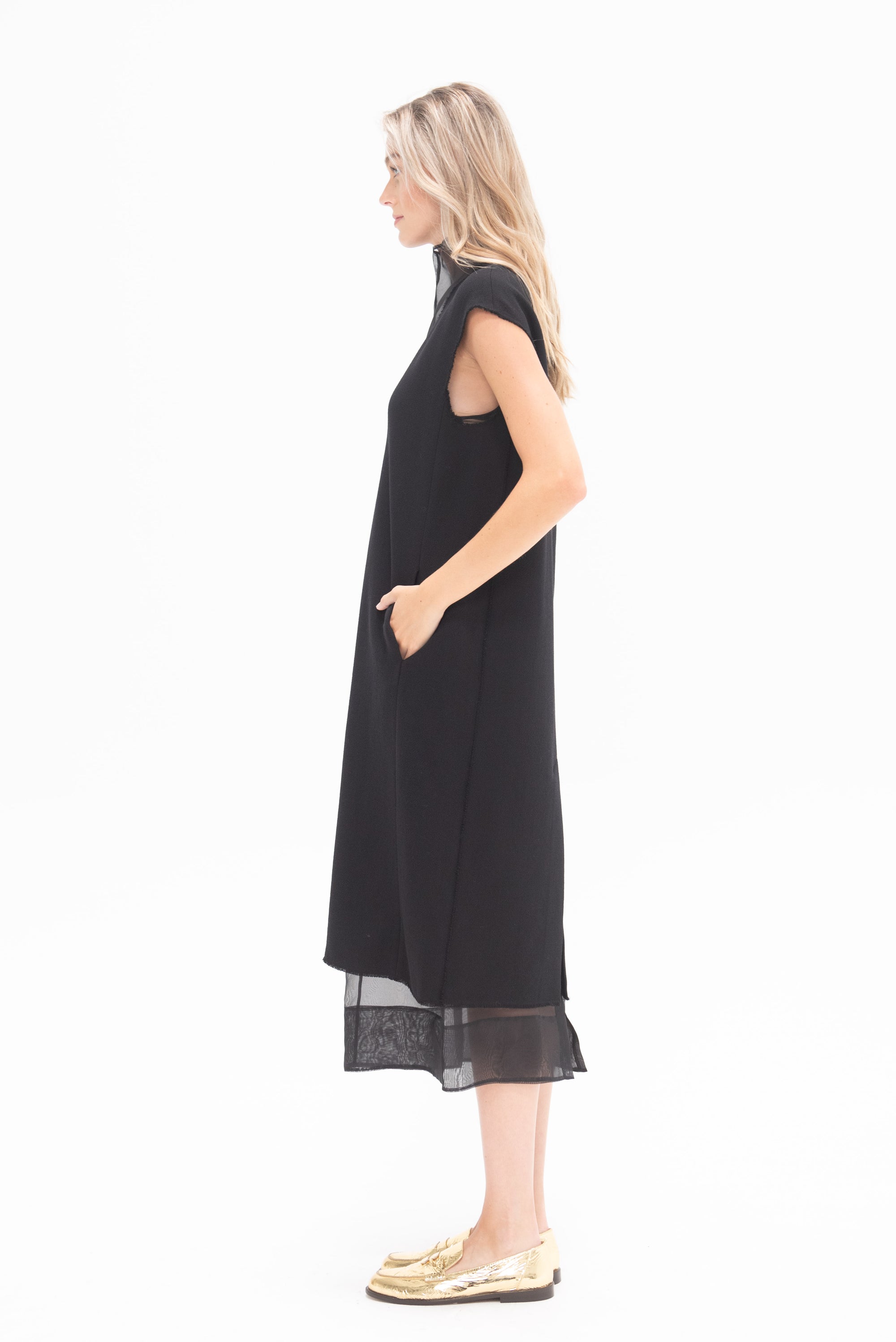TIBI - Melee Crepe V-Neck Dress With Organza Lining, Black