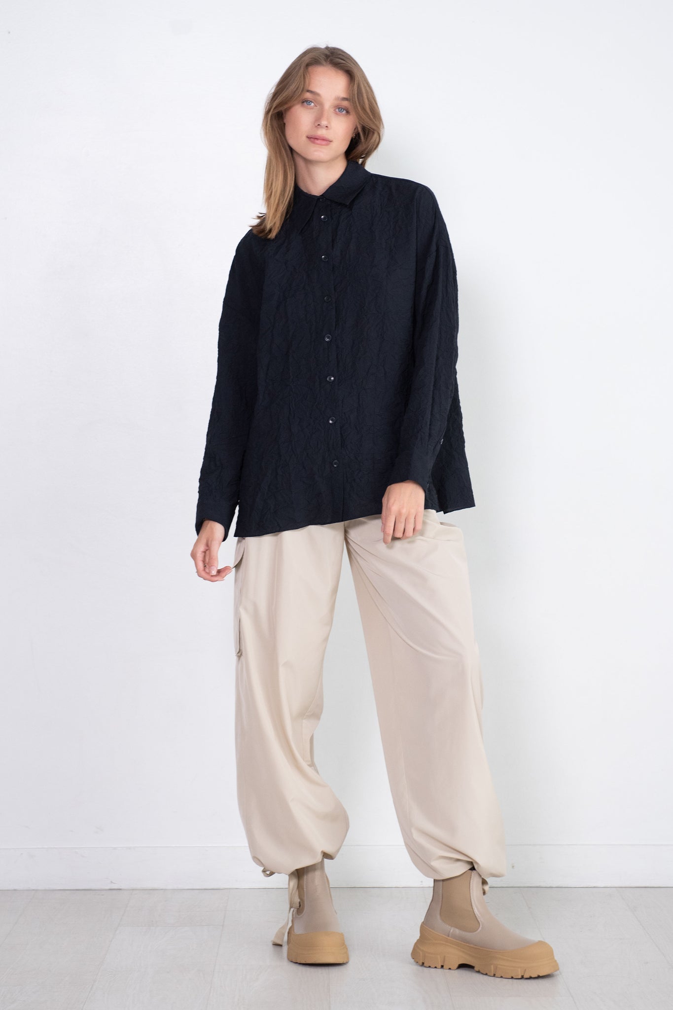 TIBI - Crinkle Shirting Oversized Shirt, Midnight Navy