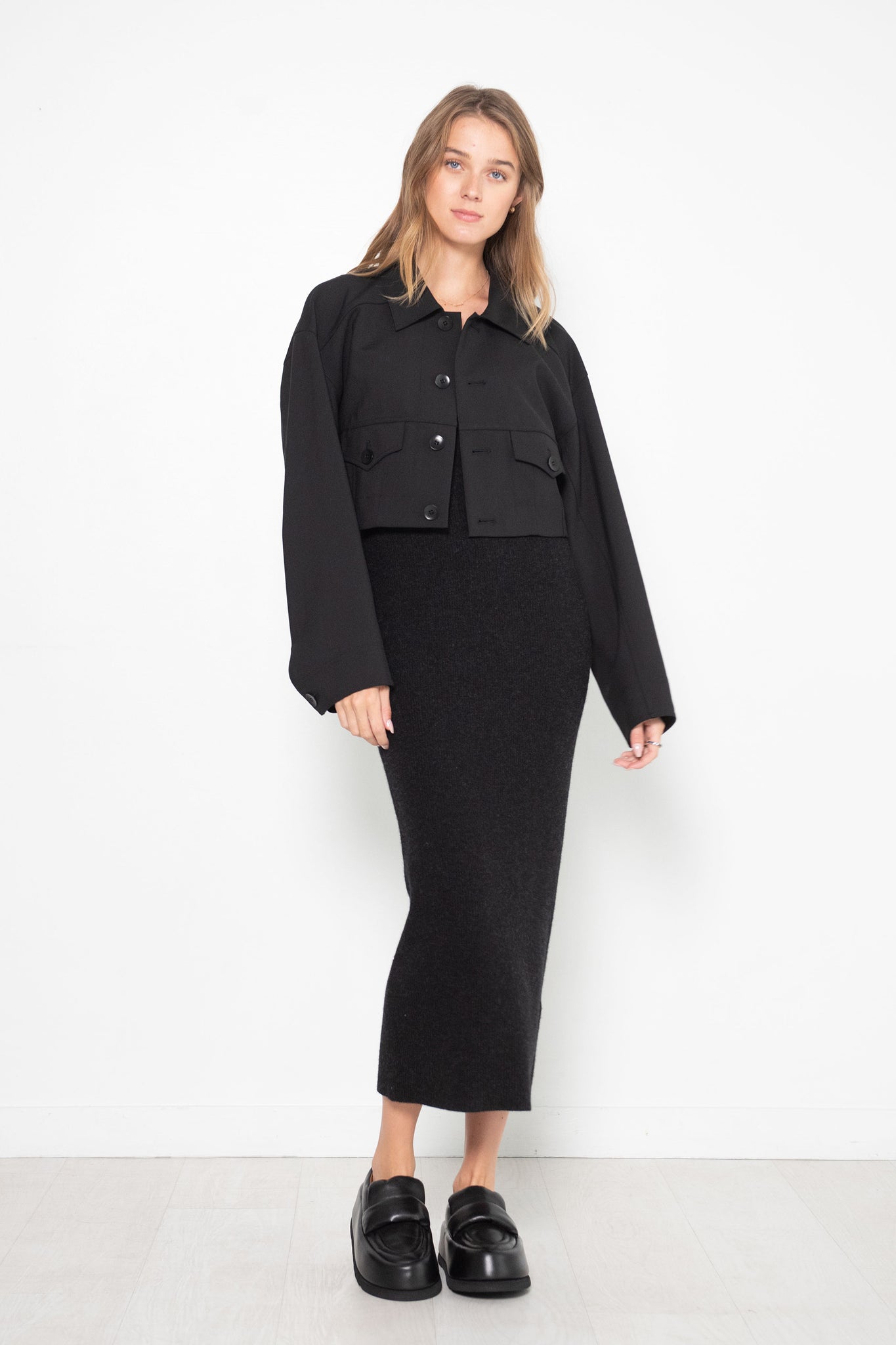 TIBI - Double Faced Plainweave Cropped Jean Jacket, Black