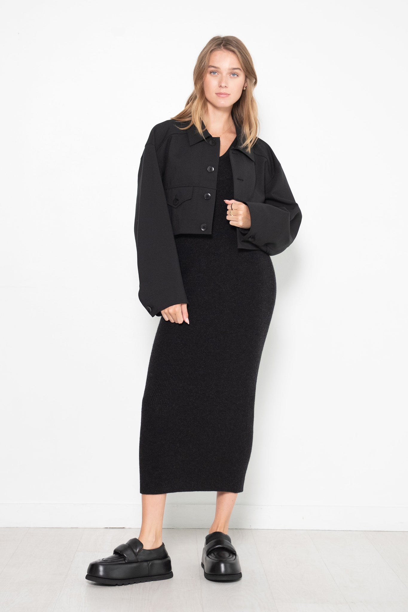 TIBI - Double Faced Plainweave Cropped Jean Jacket, Black