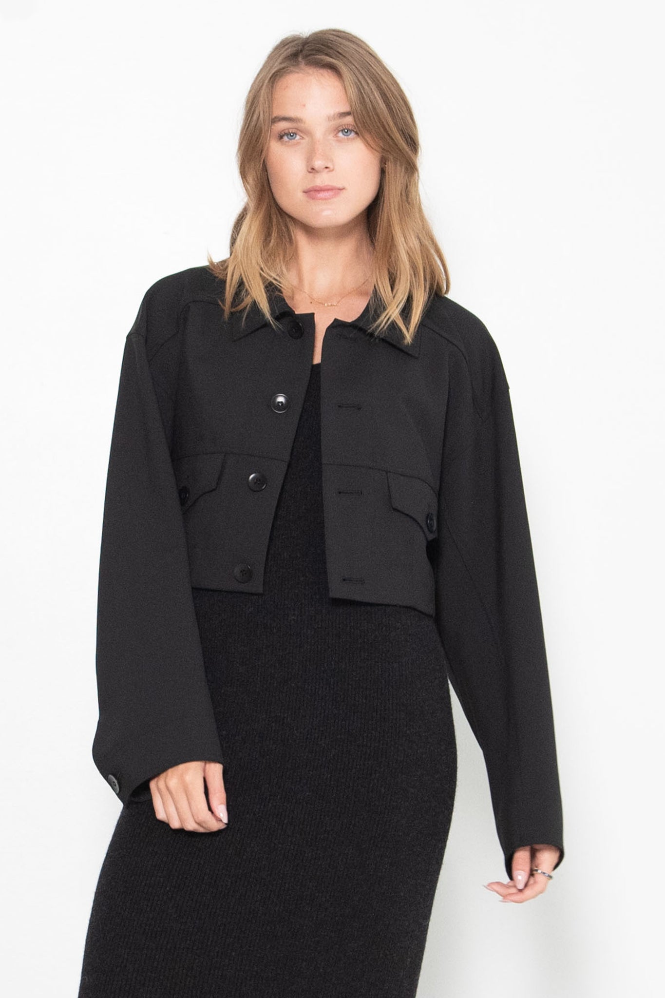 TIBI - Double Faced Plainweave Cropped Jean Jacket, Black
