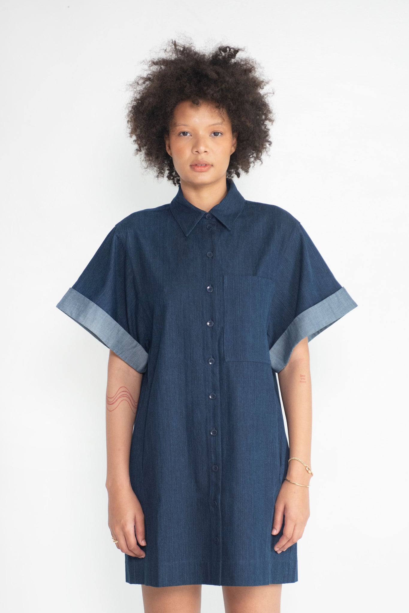 TIBI - Washed Denim Rolled Sleeve Shirtdress, Dark Enzyme Wash