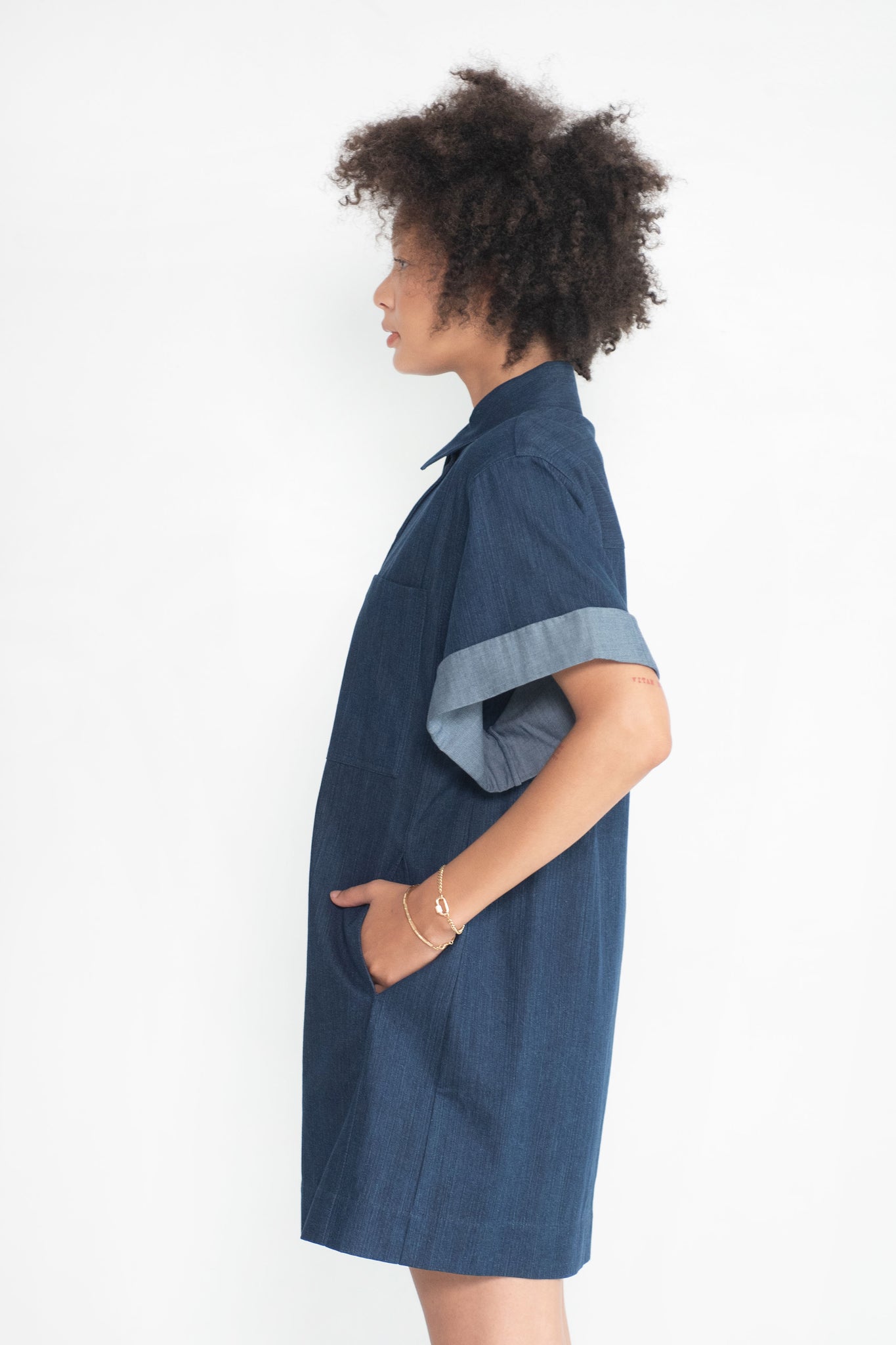 TIBI - Washed Denim Rolled Sleeve Shirtdress, Dark Enzyme Wash