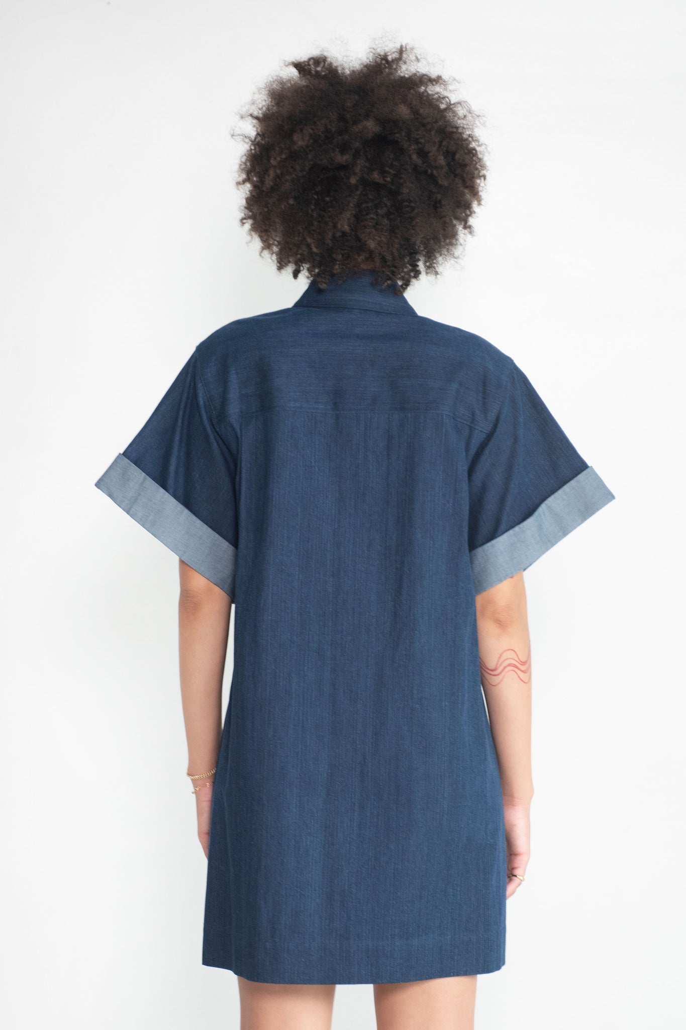 TIBI - Washed Denim Rolled Sleeve Shirtdress, Dark Enzyme Wash