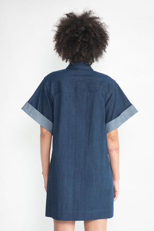 TIBI - Washed Denim Rolled Sleeve Shirtdress, Dark Enzyme Wash