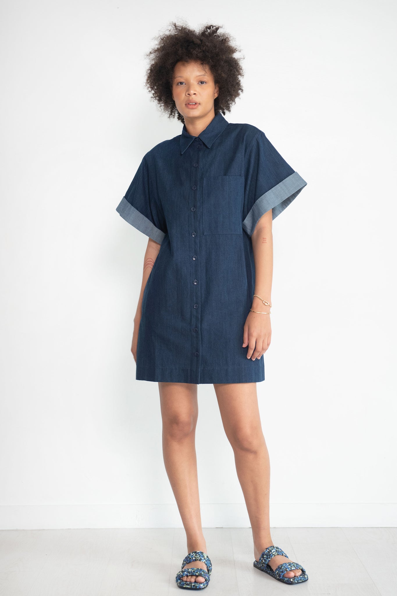 TIBI - Washed Denim Rolled Sleeve Shirtdress, Dark Enzyme Wash