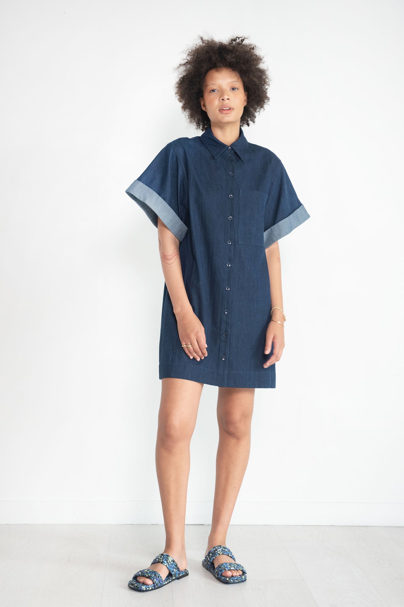 TIBI - Washed Denim Rolled Sleeve Shirtdress, Dark Enzyme Wash