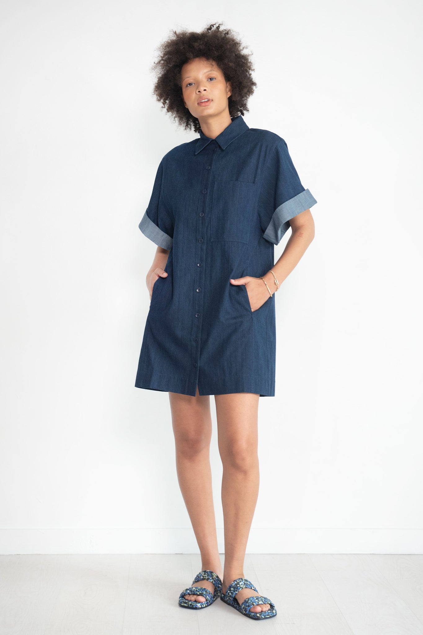 TIBI - Washed Denim Rolled Sleeve Shirtdress, Dark Enzyme Wash