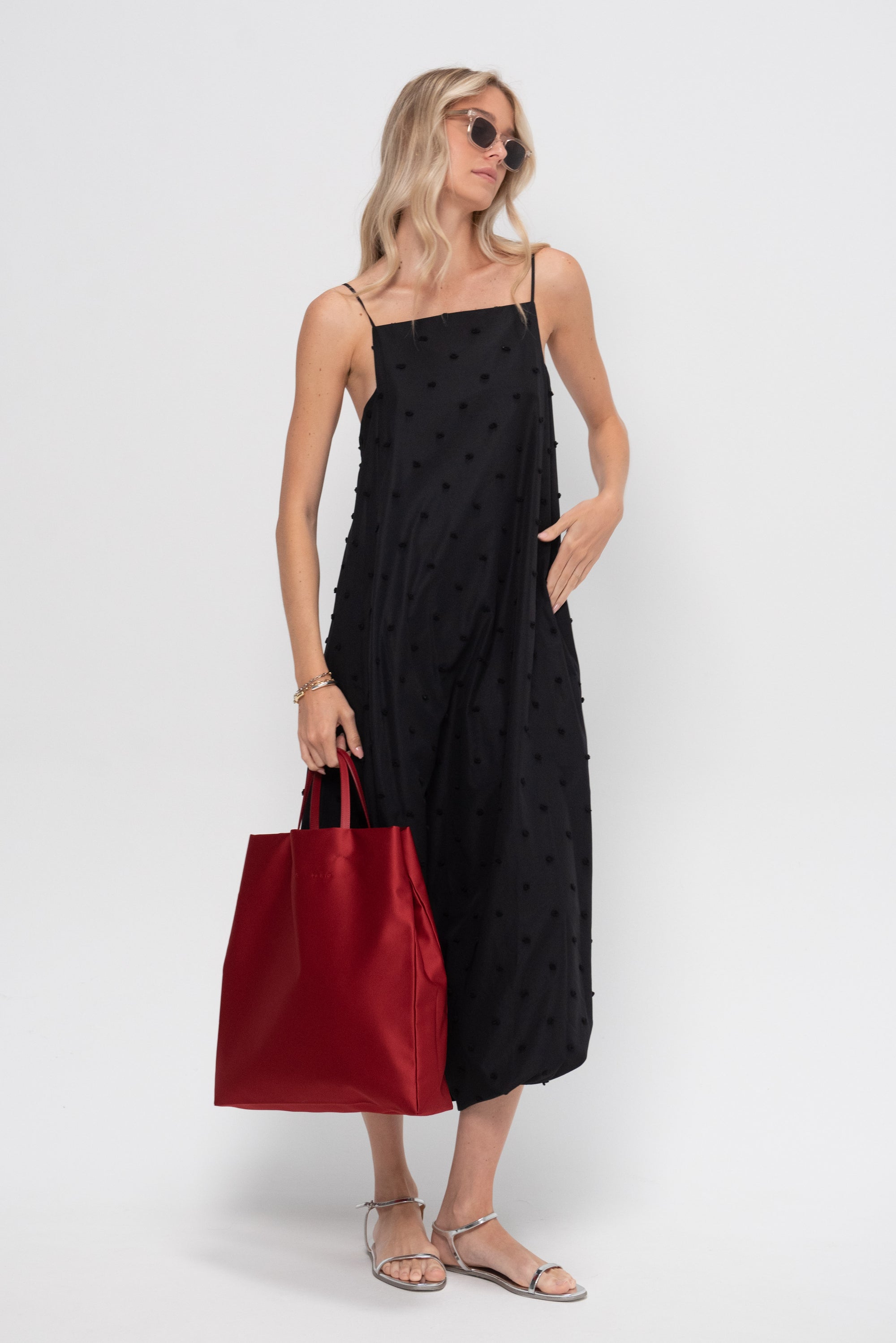 Tech Swiss Dot Square Neck Cami Dress, Black