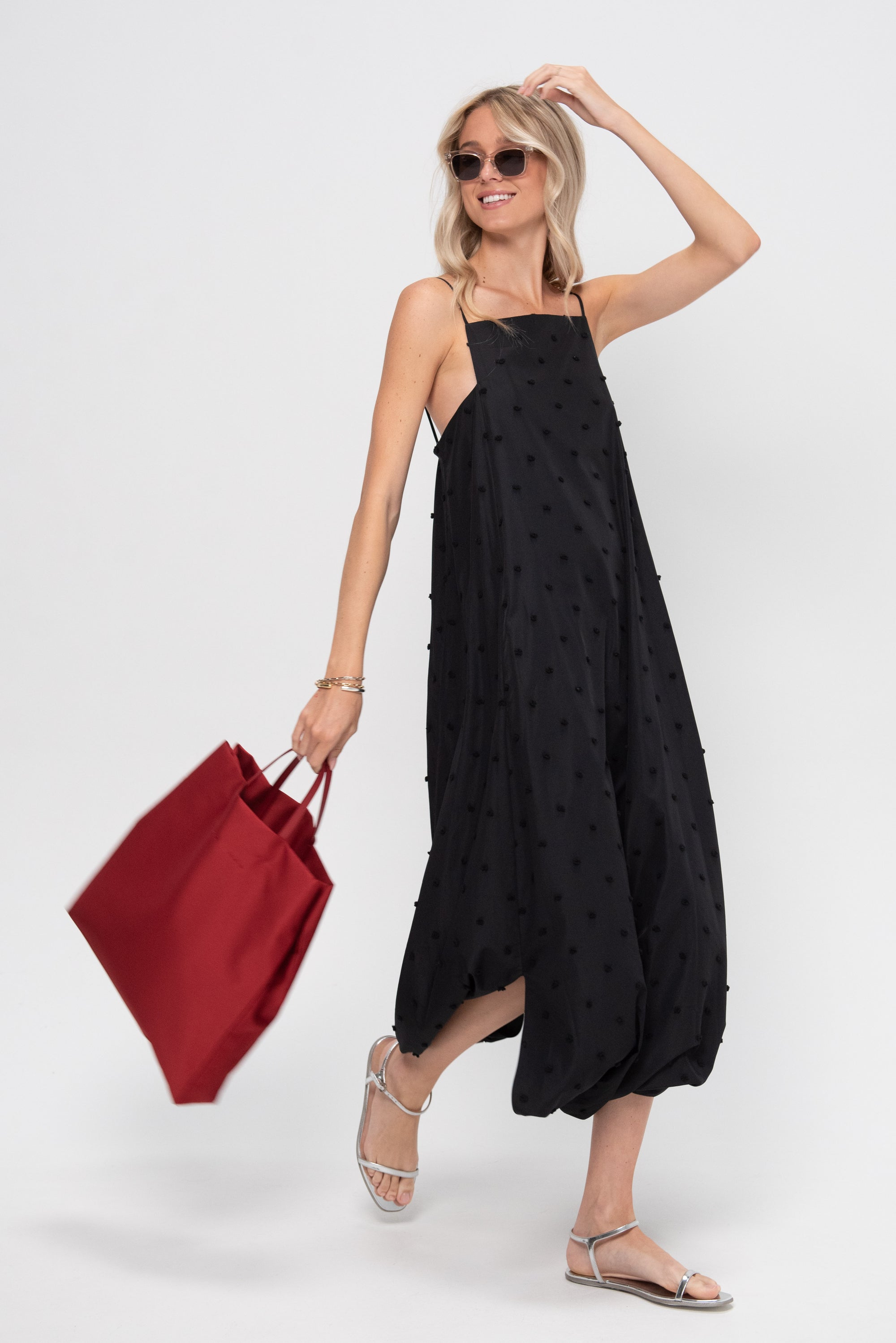 Tech Swiss Dot Square Neck Cami Dress, Black