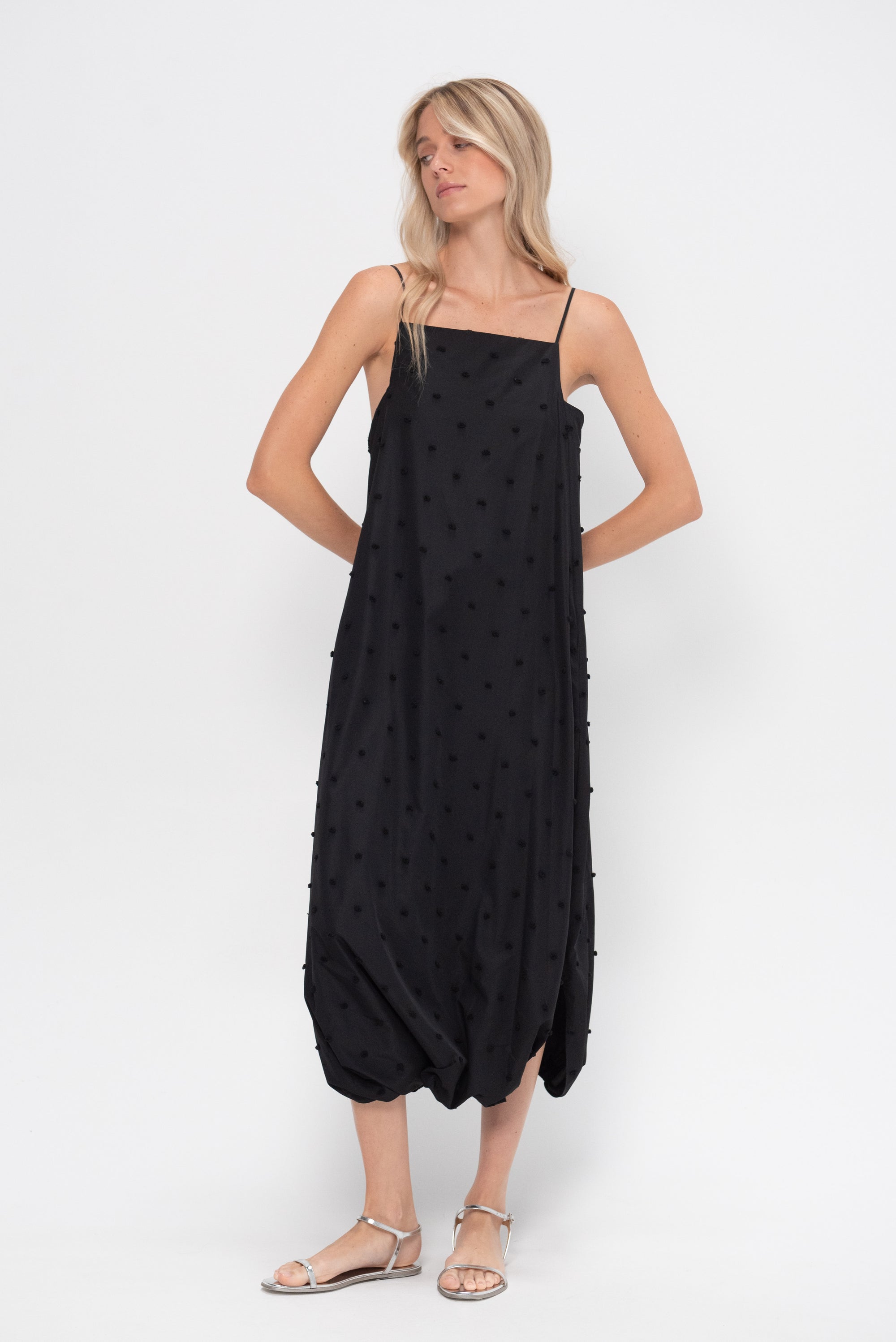 Tech Swiss Dot Square Neck Cami Dress, Black