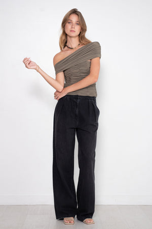 TIBI - Drapey Jersey Ruched Strapless Top, Granite