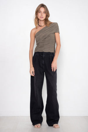TIBI - Drapey Jersey Ruched Strapless Top, Granite