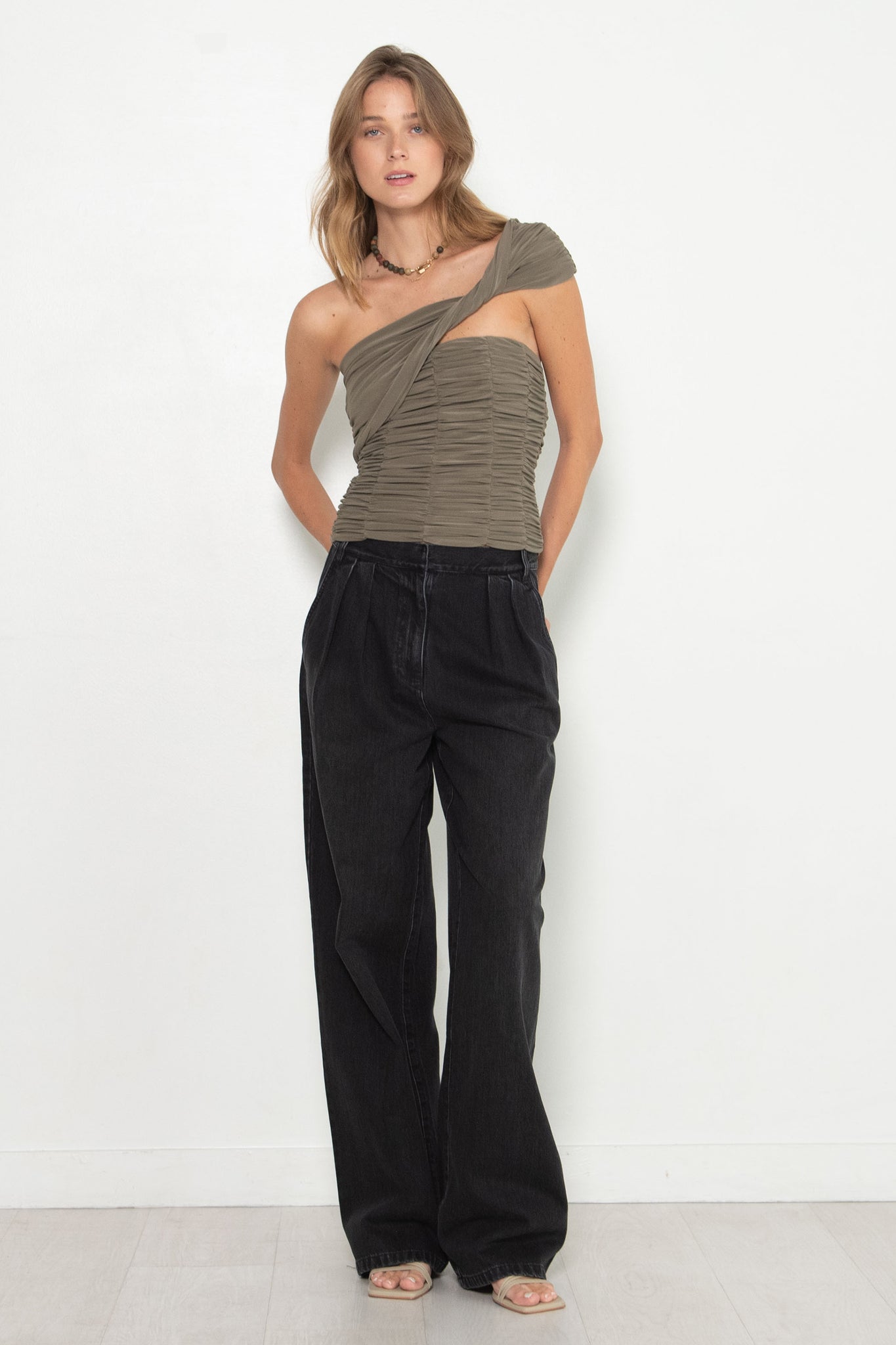 TIBI - Drapey Jersey Ruched Strapless Top, Granite
