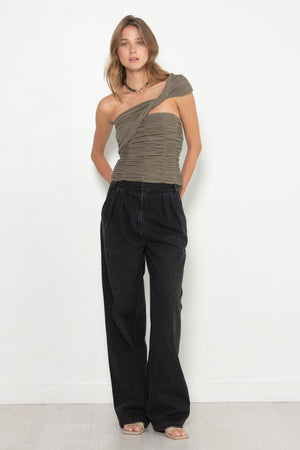 TIBI - Drapey Jersey Ruched Strapless Top, Granite