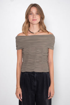 TIBI - Drapey Jersey Ruched Strapless Top, Granite