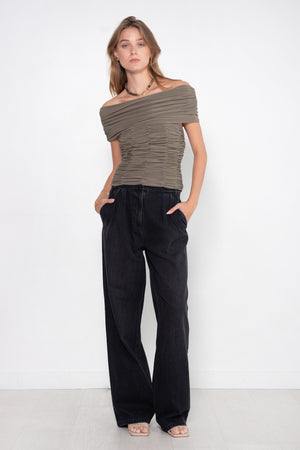 TIBI - Drapey Jersey Ruched Strapless Top, Granite