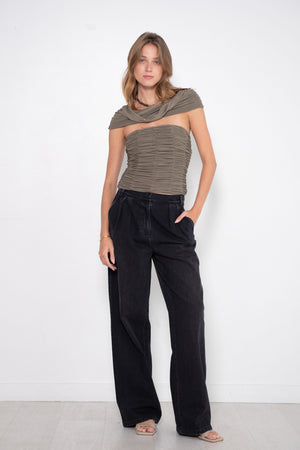 TIBI - Drapey Jersey Ruched Strapless Top, Granite