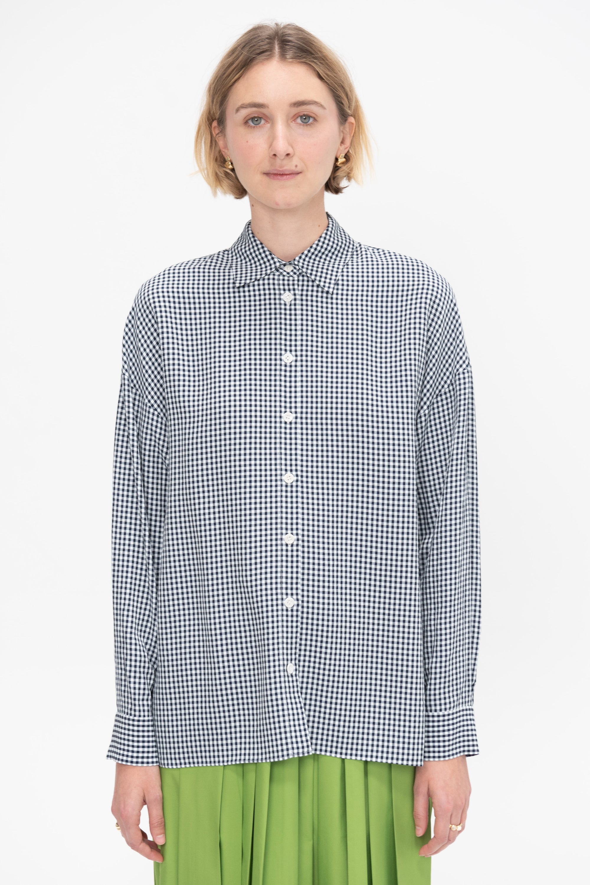 Viscose Gingham Oversized Shirt, Navy &amp; White Multi