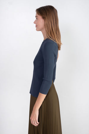 TIBI - Giselle Stretch Sweater Circle Openback Pullover, Navy Fog