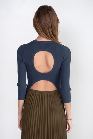 TIBI - Giselle Stretch Sweater Circle Openback Pullover, Navy Fog