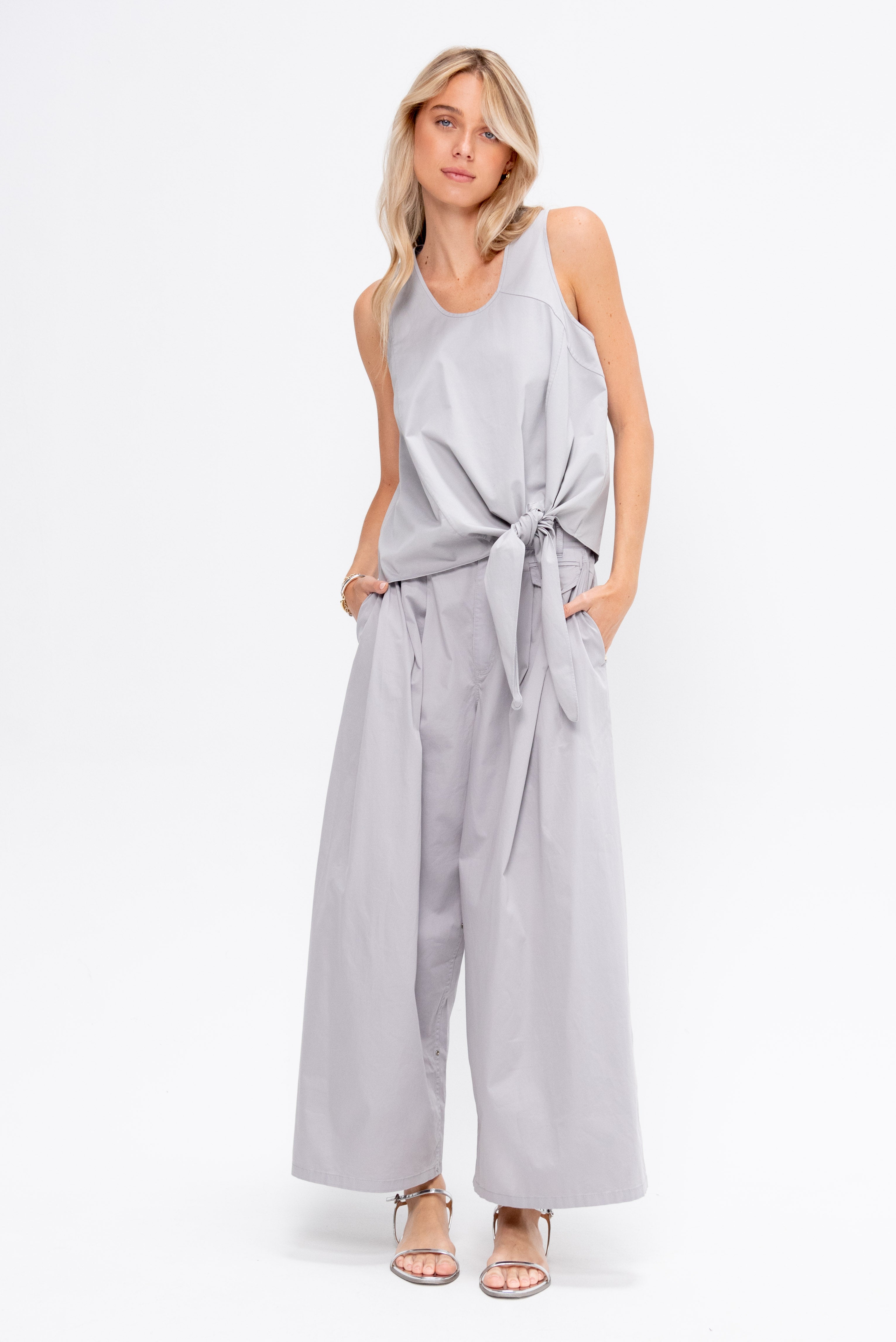 Tibi Garment Dyed Silky Cotton Tie Front Top, Grey – Kick Pleat