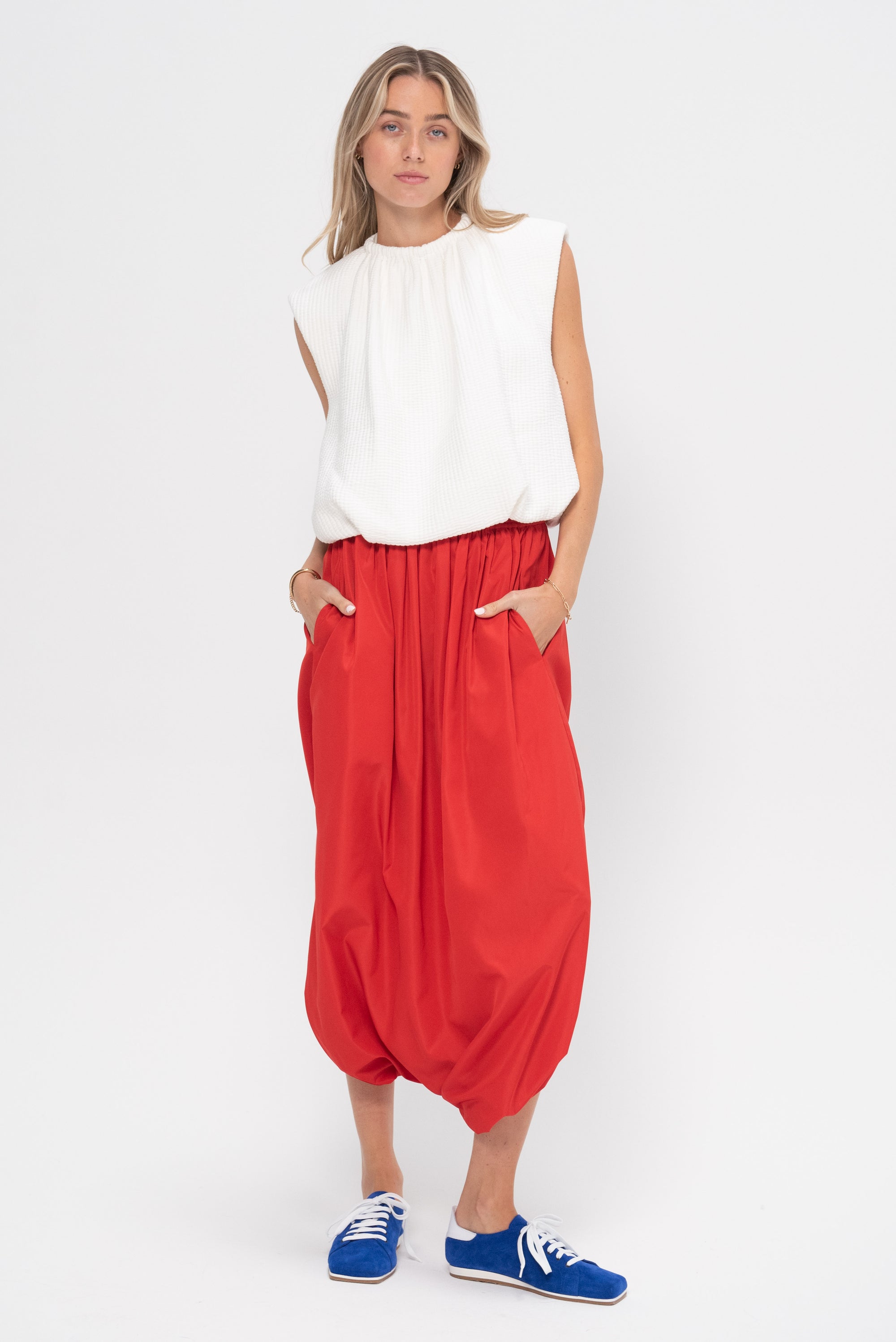 Italian Sporty Nylon Pleated Jalousie Skirt, Lava