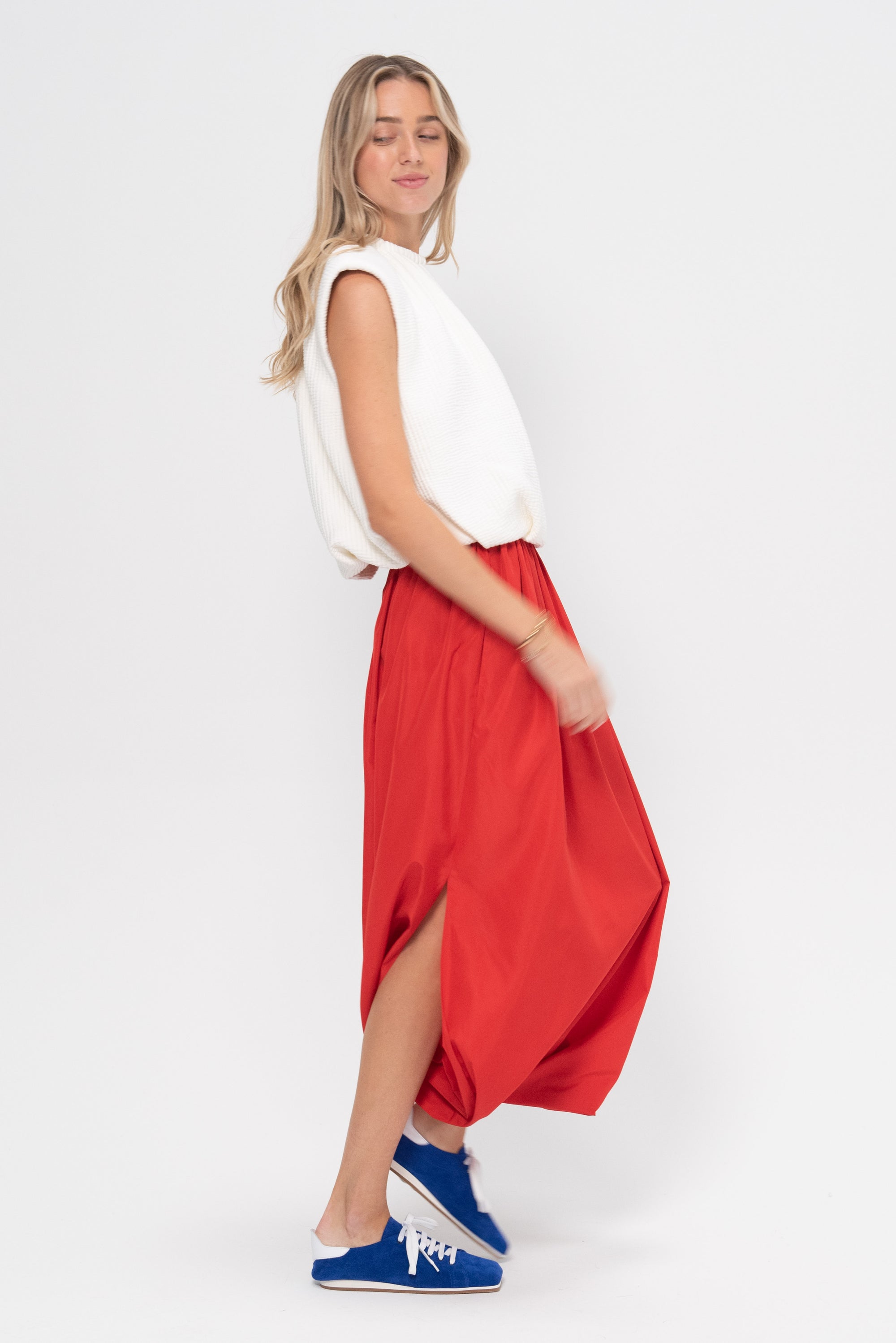 Italian Sporty Nylon Pleated Jalousie Skirt, Lava
