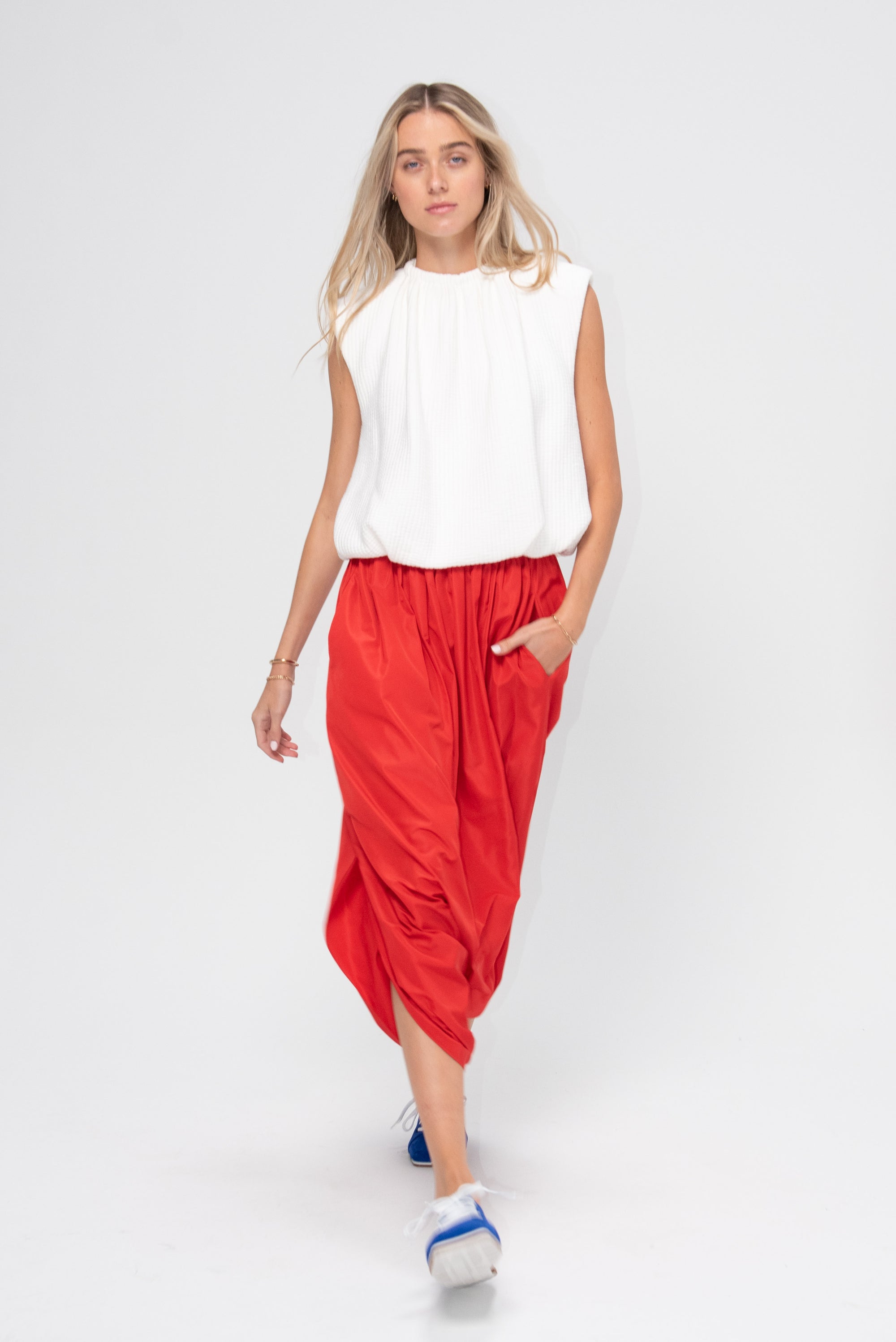 Italian Sporty Nylon Pleated Jalousie Skirt, Lava