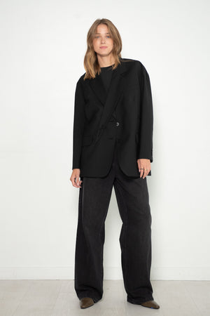 Tibi Tropical Wool Detached Lapel Liam Blazer Black Kick Pleat