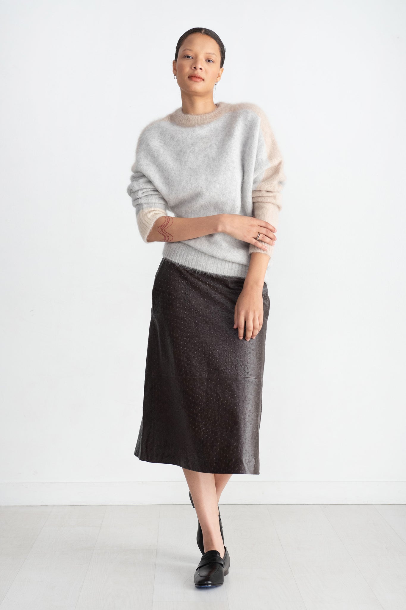 TIBI - Ostrich Leather A-Line Skirt, Dark Brown
