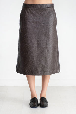 TIBI - Ostrich Leather A-Line Skirt, Dark Brown