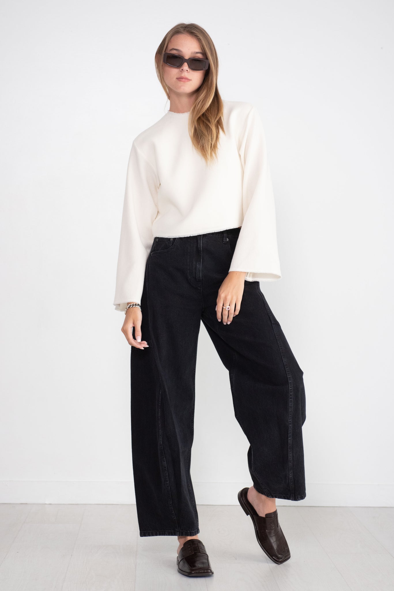TIBI - Melee Crepe Long Sleeve Cropped Top, Ivory