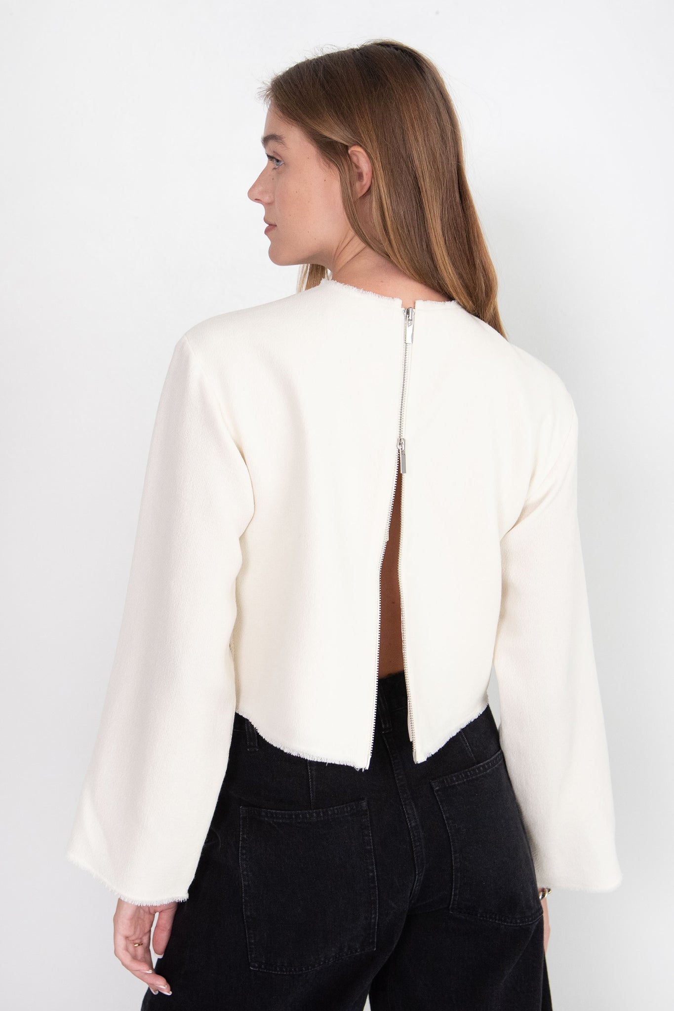TIBI - Melee Crepe Long Sleeve Cropped Top, Ivory