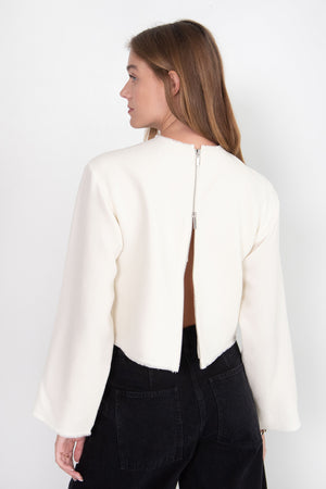 TIBI - Melee Crepe Long Sleeve Cropped Top, Ivory