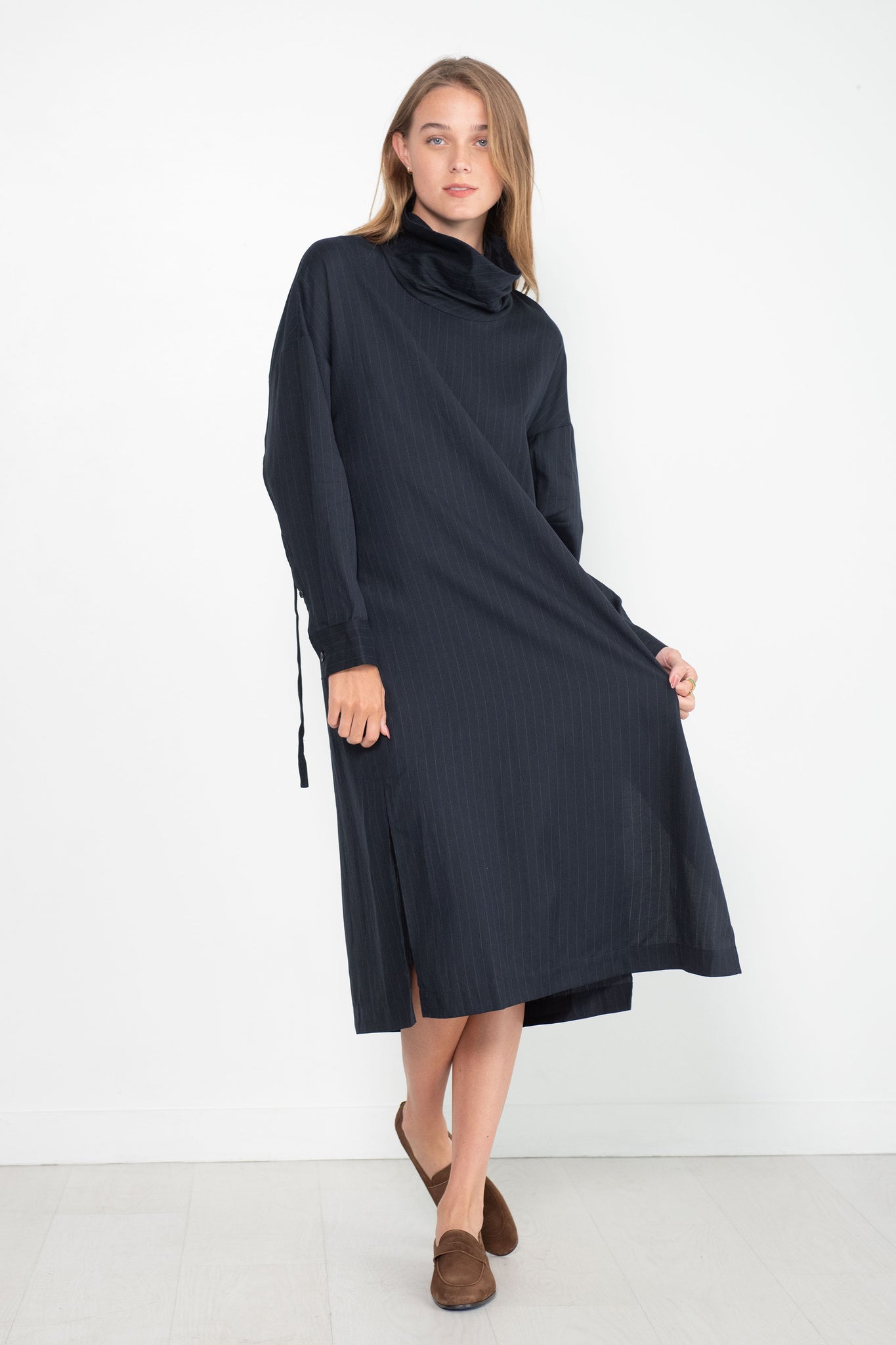TIBI - Lyocell Drape Cowl Neck Dress, Navy Multi