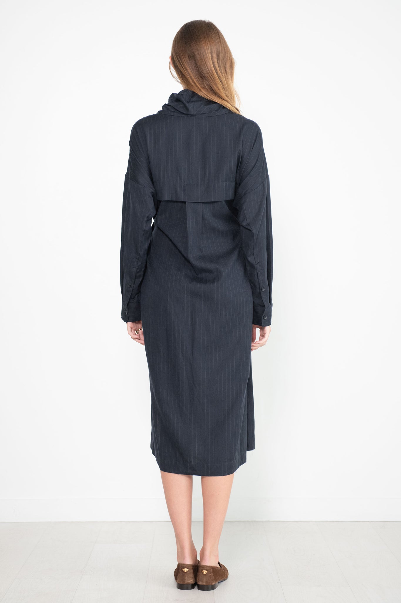 TIBI - Lyocell Drape Cowl Neck Dress, Navy Multi