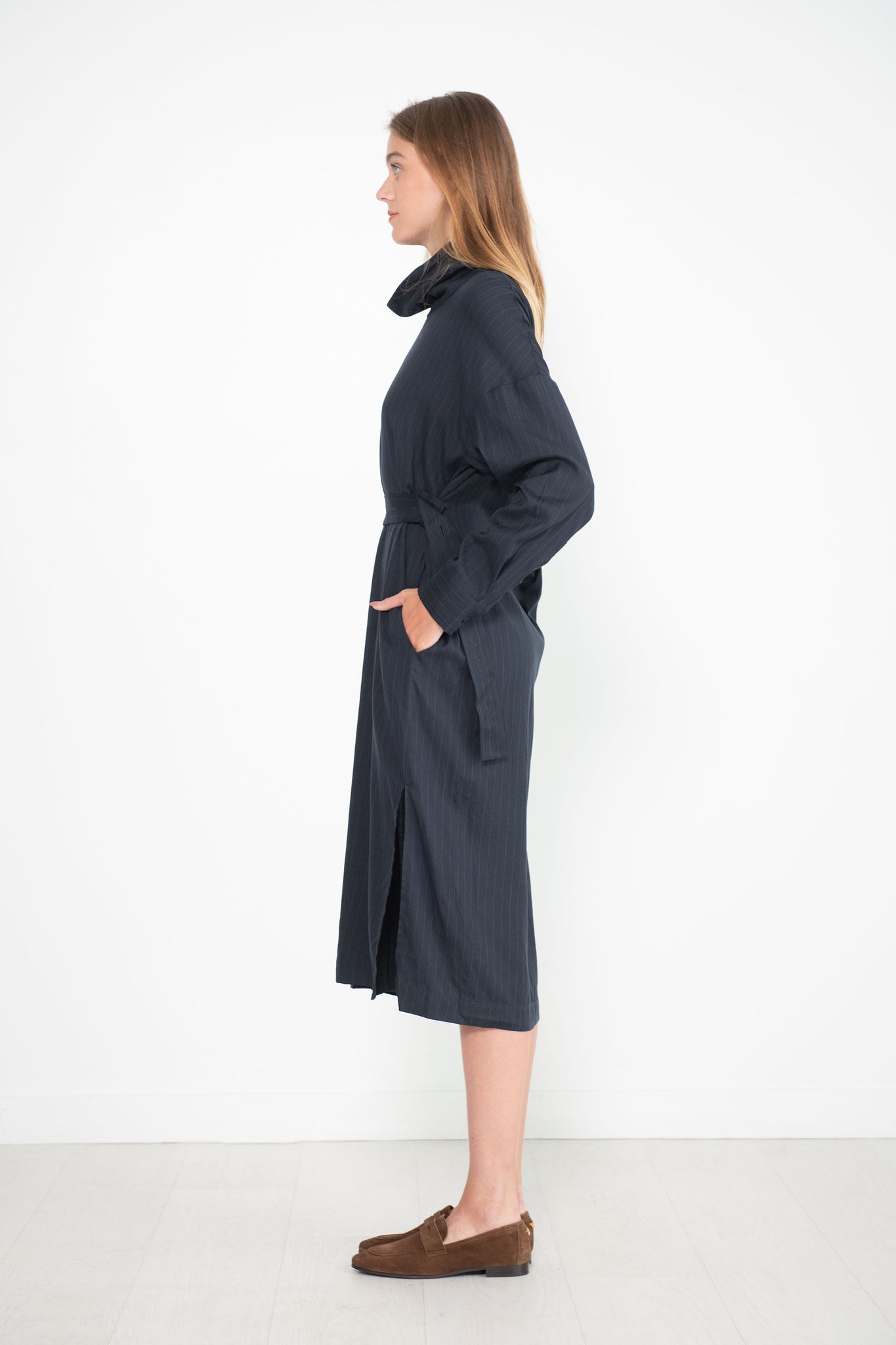 TIBI - Lyocell Drape Cowl Neck Dress, Navy Multi