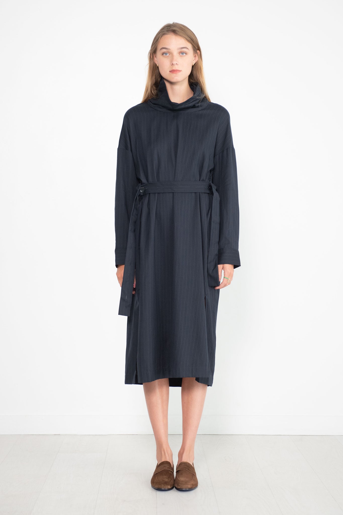 TIBI - Lyocell Drape Cowl Neck Dress, Navy Multi