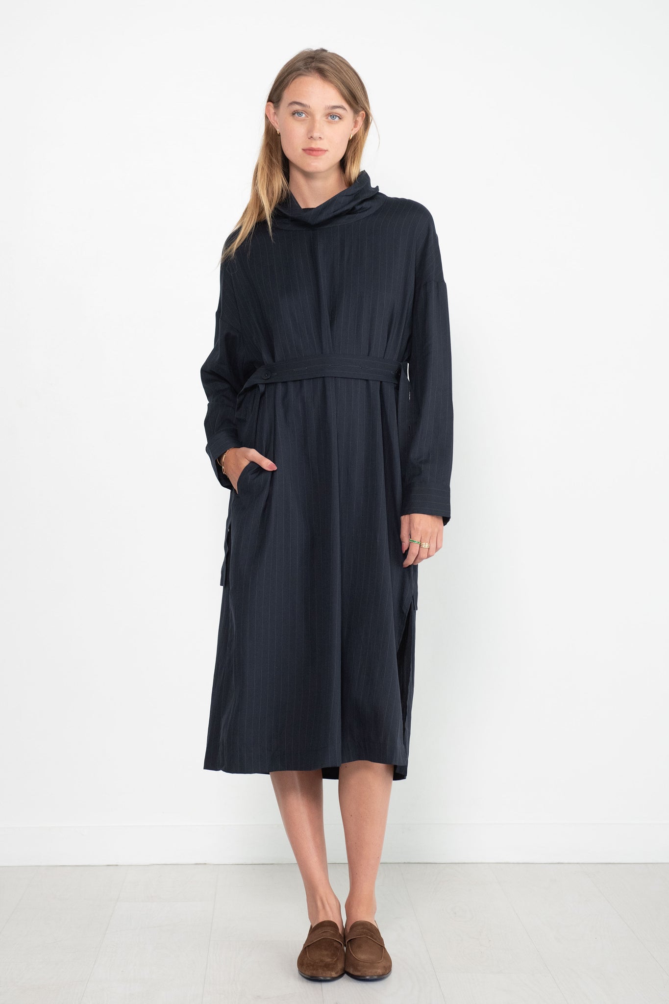 TIBI - Lyocell Drape Cowl Neck Dress, Navy Multi