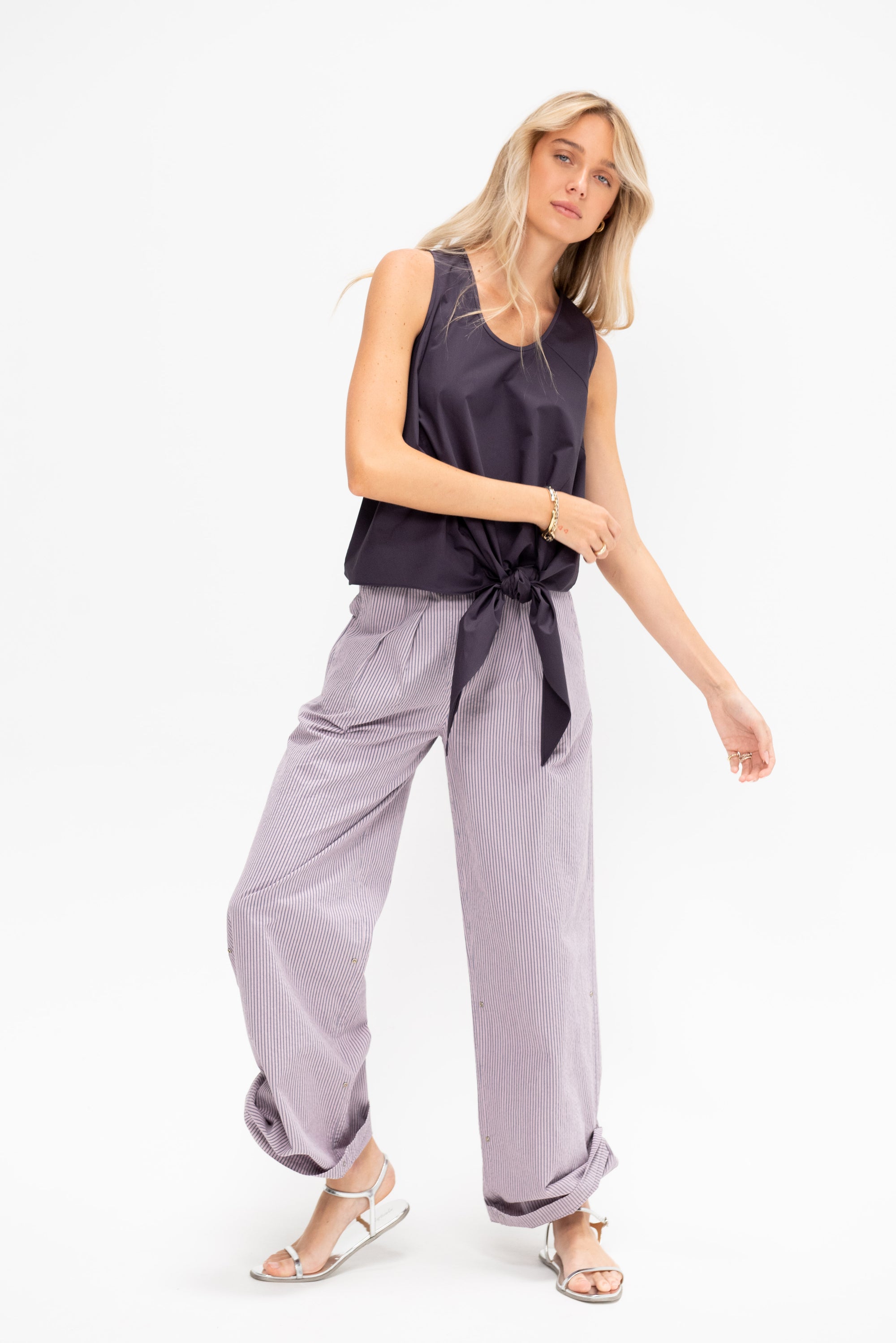 Garment Dyed Seersucker Stella Full Length Pant, Mauve Multi
