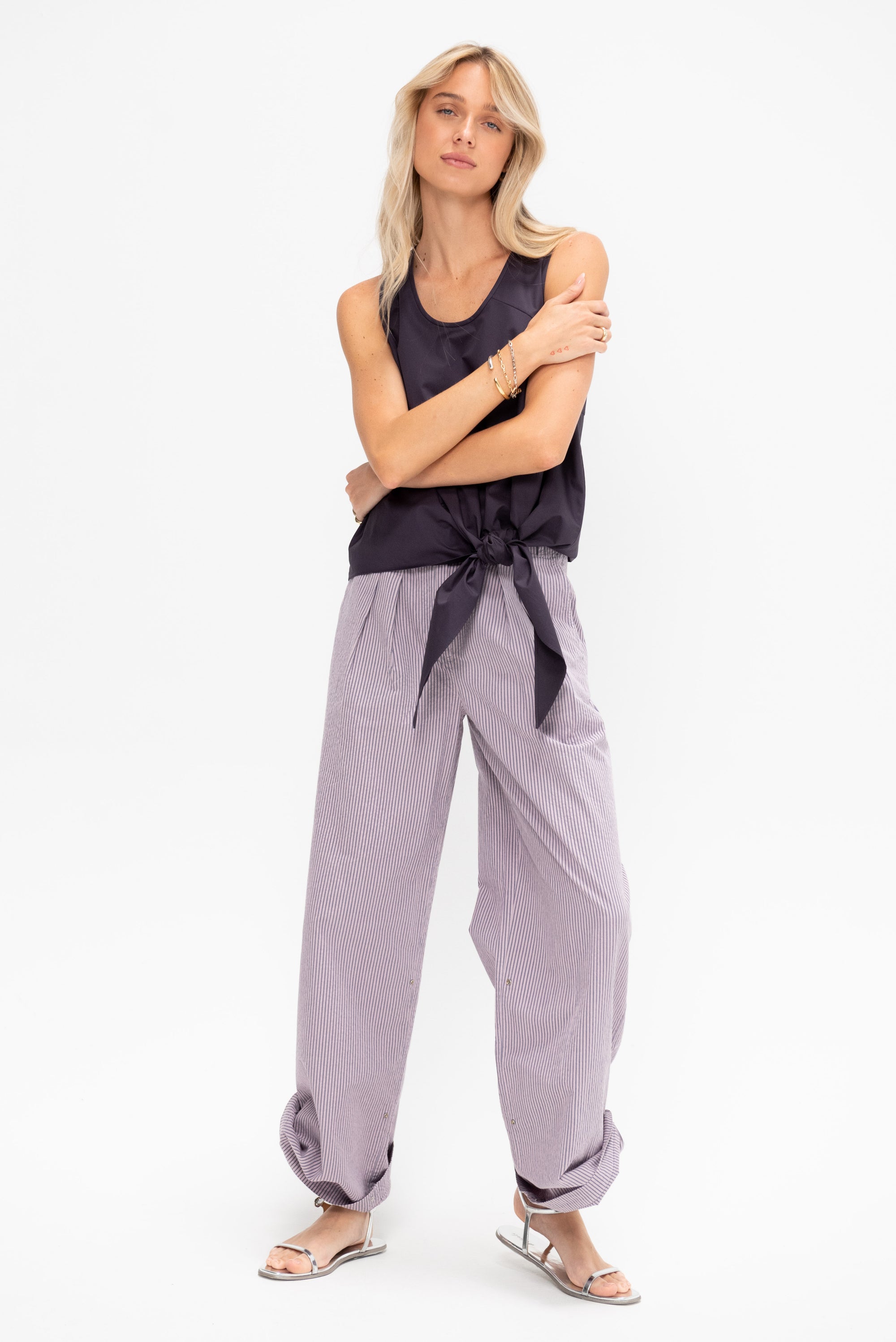 Garment Dyed Seersucker Stella Full Length Pant, Mauve Multi
