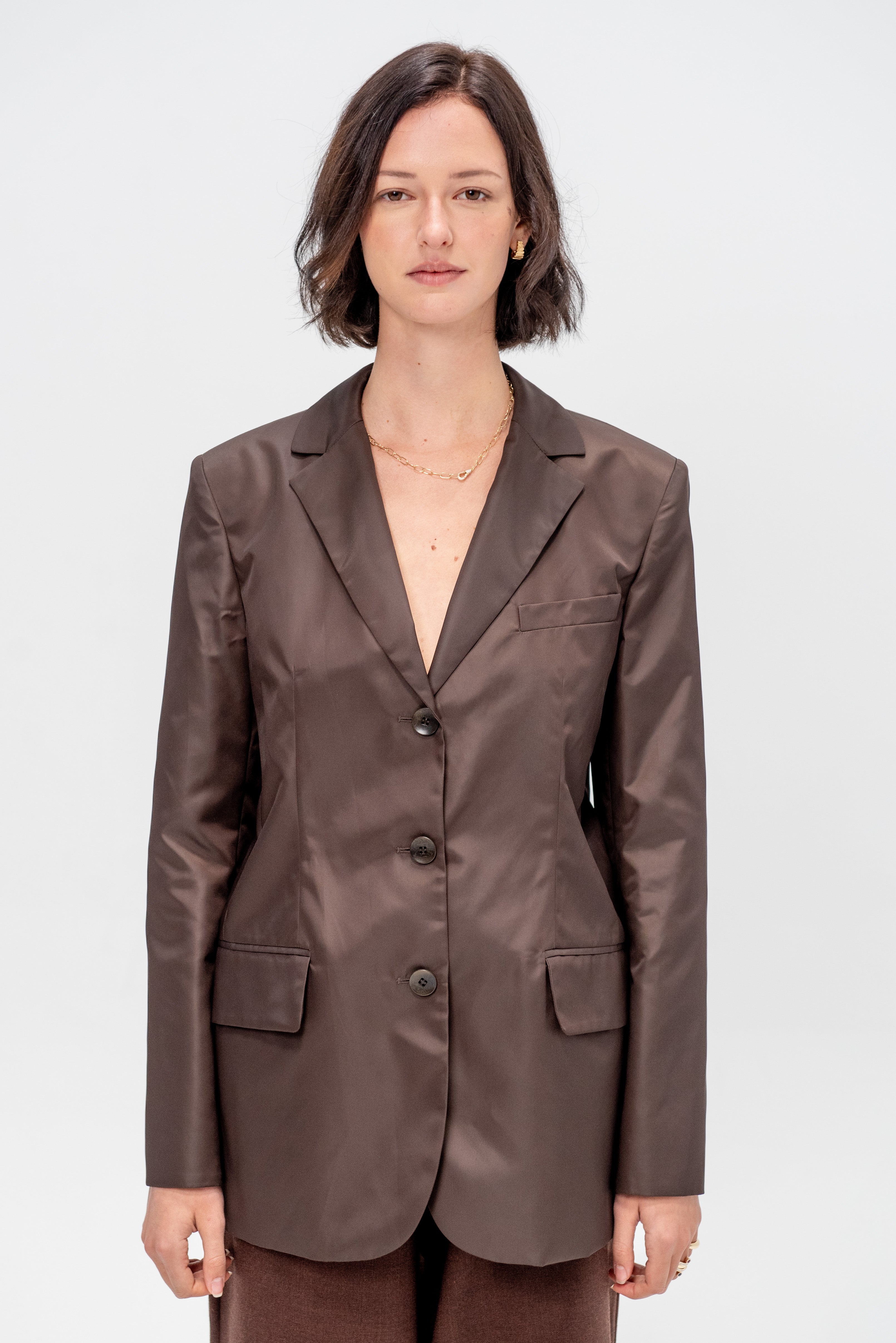 Tibi Eco Nylon Max Blazer, Brown – Kick Pleat