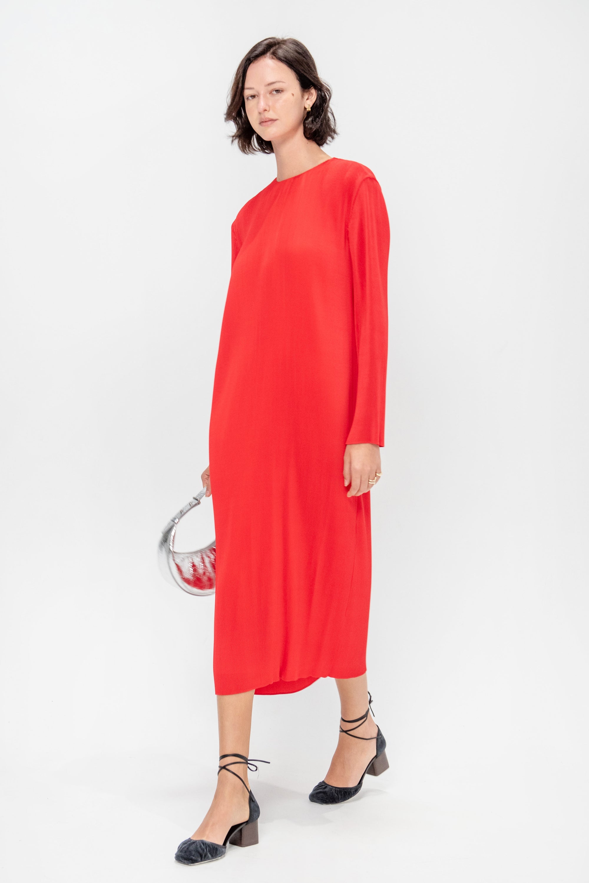 Plissé Midi Dress, Red