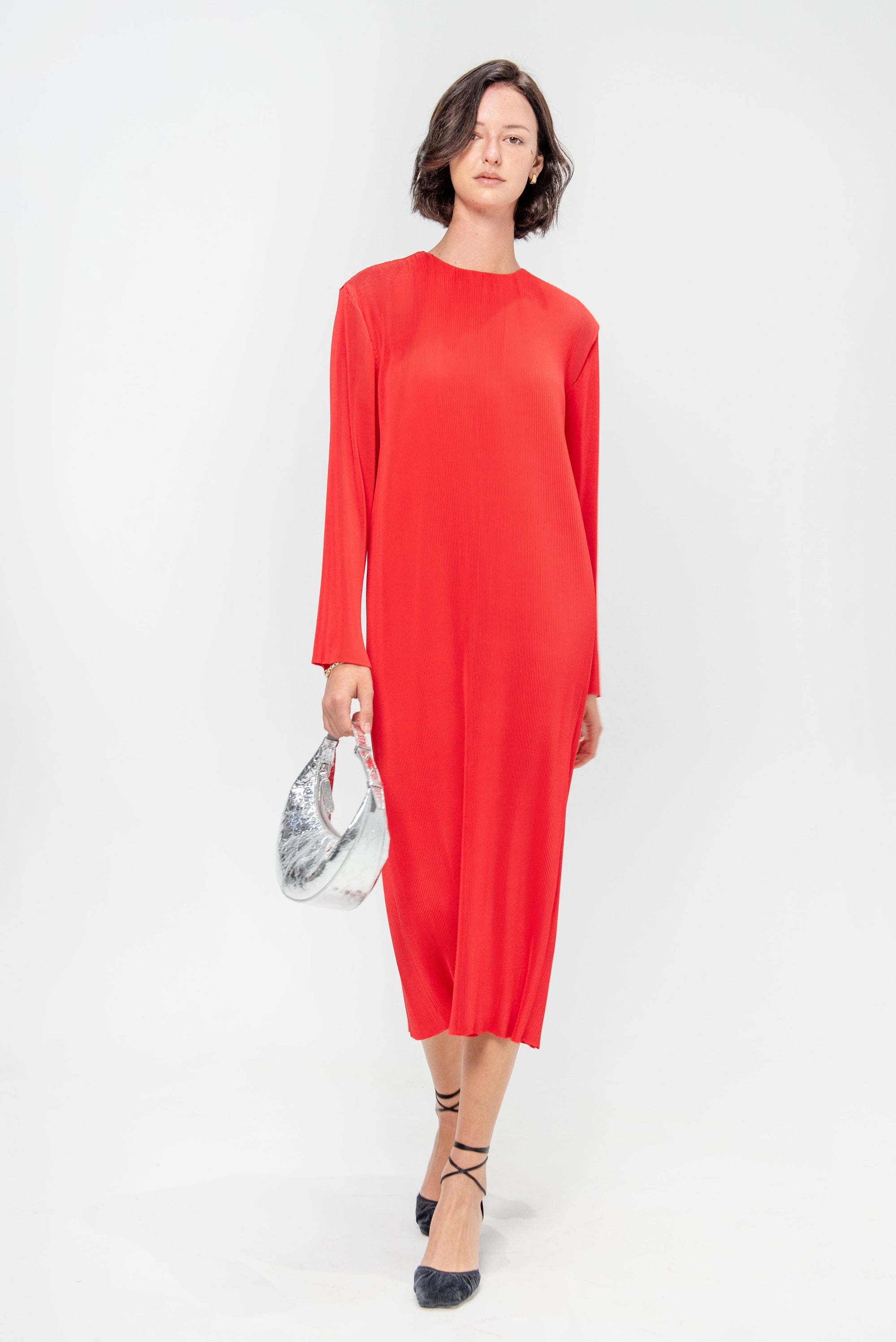 Plissé Midi Dress, Red