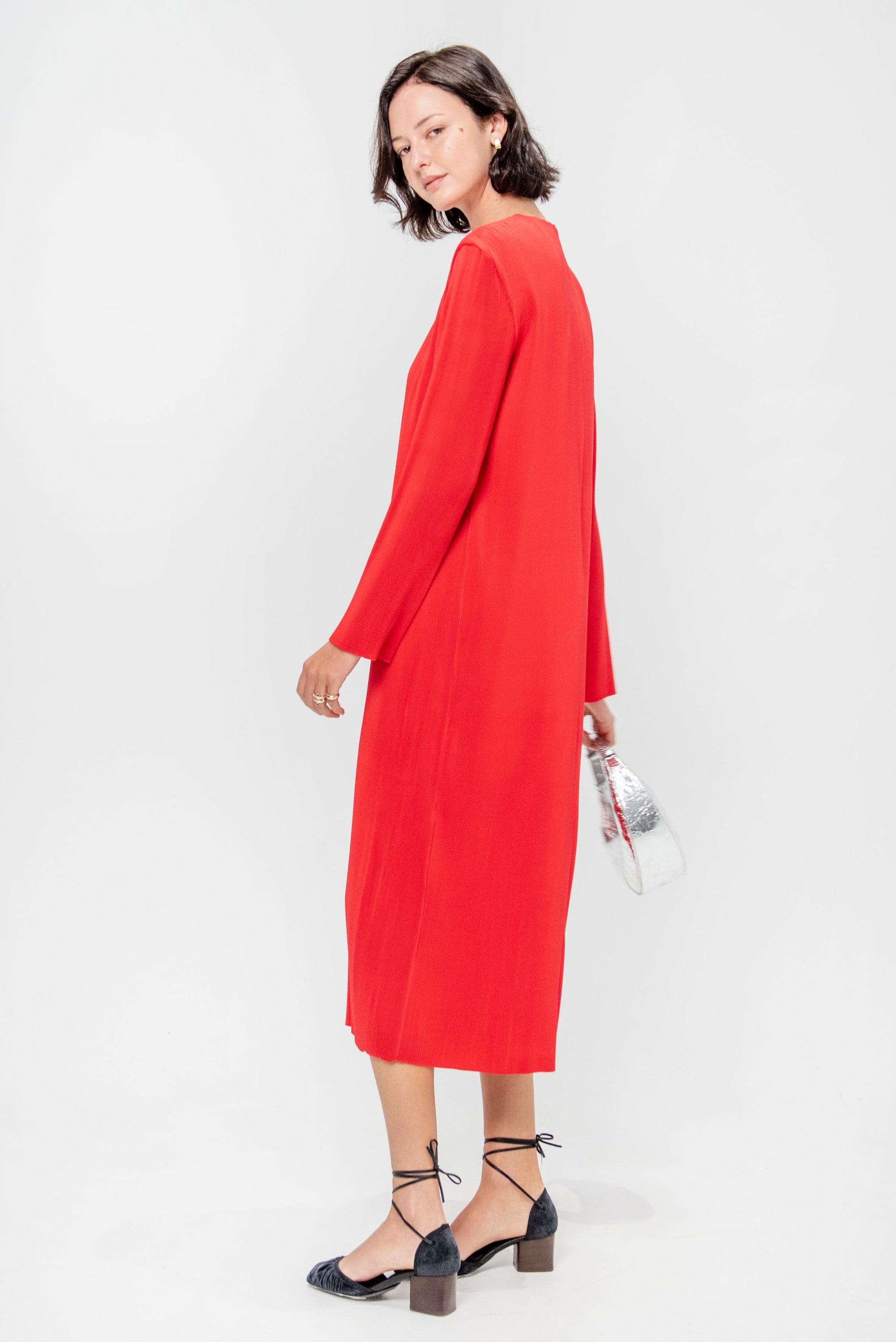 Plissé Midi Dress, Red