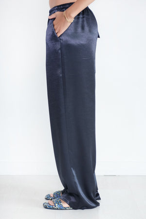 TIBI - Summer Satin Wide Leg Pullon Pant, Dark Navy